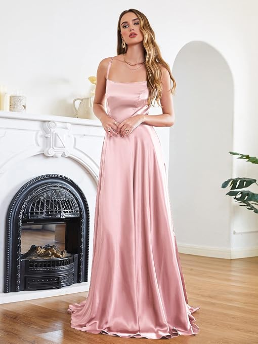 MisShow Women's Elegant Sleeveless Bridesmaid Dress,Satin Sheer Back A line Lace Sleeveless Round Neck Maxi Slit Wedding Guest Dress Dark Rose L