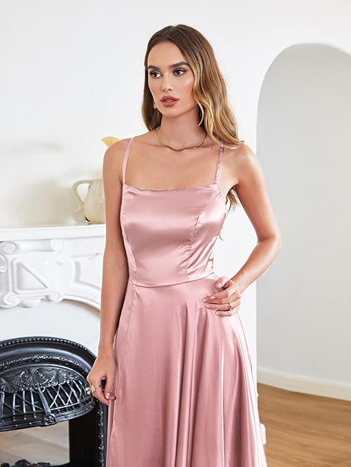 MisShow Women's Elegant Sleeveless Bridesmaid Dress,Satin Sheer Back A line Lace Sleeveless Round Neck Maxi Slit Wedding Guest Dress Dark Rose L