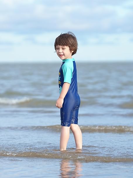 Ewbob Boy Swimsuit Sun Protection Short Sleeve Bathing Suit Kids Crocodile All in One Piece Swimwear Ages 18 Months to 6 Years Swim Costume for Swimming Lessons, Beach and Pool, 4-5Y