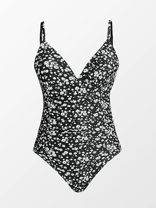 CUPSHE Women Swimsuit One Piece V Neck Tummy Control Ruched Front Low Back Bathing Suit Swimwear Black Floral S