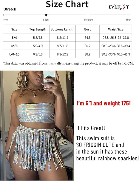 Rave Outfits for Women 3 Piece Bikini Set Tassels Skirt Metallic Swimsuit Holographic Bandeau Top Bathing Suits for Festival(Rose,XS,1005w)