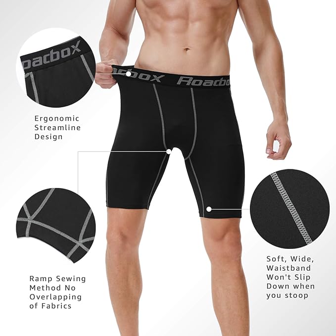 Roadbox Compression Shorts Mens 2 Pack with Pockets, Sports Underwear Quick-Dry Base Layer Shorts, for Running, Gym, Cycling, Rugby Black, XXL
