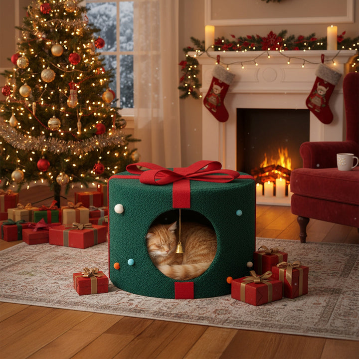Christmas Cat Bed with Bells – Gift-Shaped Pet Cave for Cats & Small Dogs - 42x42x30cm