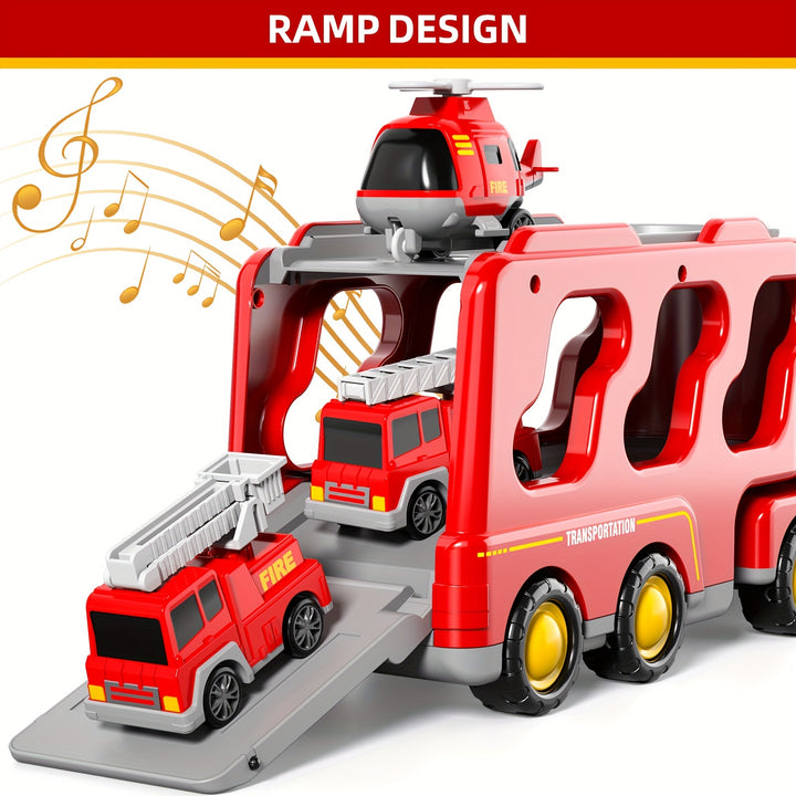 5-in-1 Fire Truck & Car Carrier – Friction Action Toy with Lights & Sounds (Ages 3–6)
