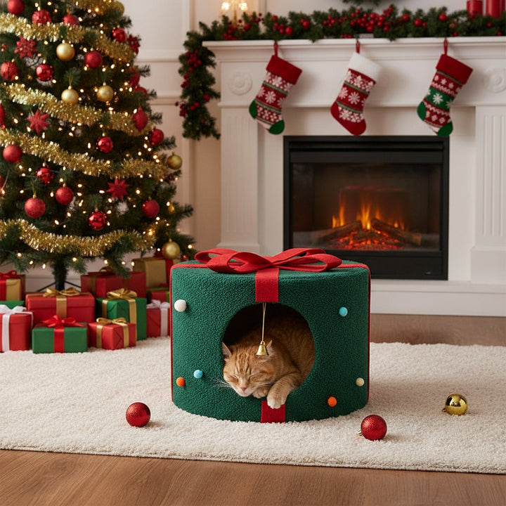 Christmas Cat Bed with Bells – Gift-Shaped Pet Cave for Cats & Small Dogs - 42x42x30cm