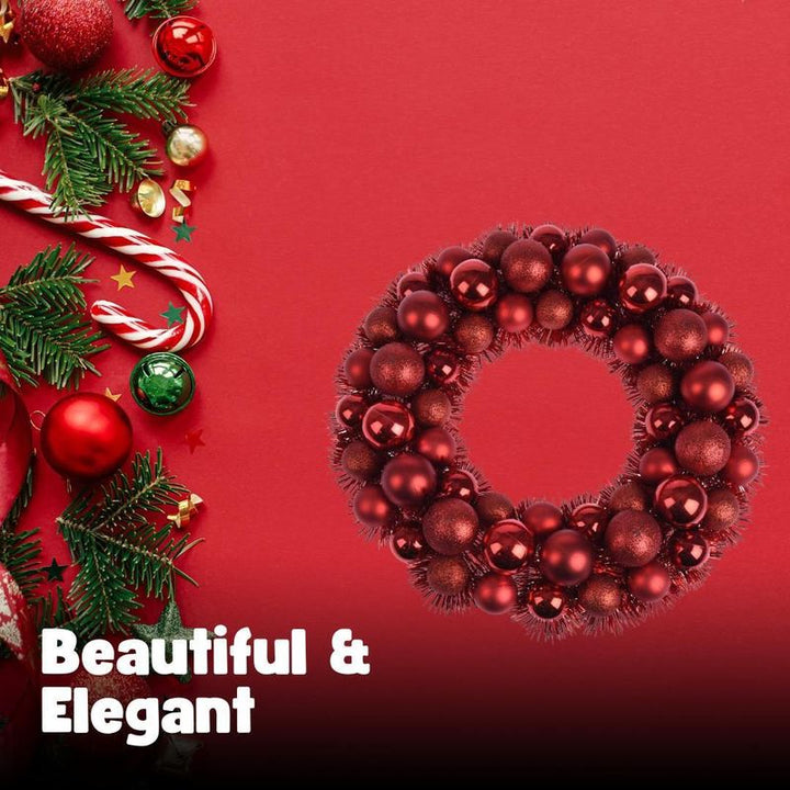 36cm Tinsel Christmas Wreath – 56 Red Baubles (Matte, Glitter & Chrome)