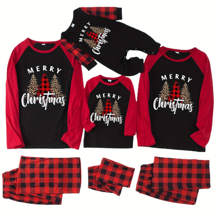 Matching Family Christmas Pyjamas – Tree Print Long Sleeve Top & Plaid Pants