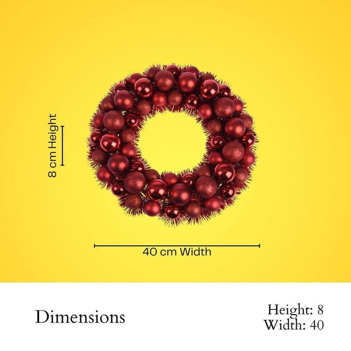 36cm Tinsel Christmas Wreath – 56 Red Baubles (Matte, Glitter & Chrome)