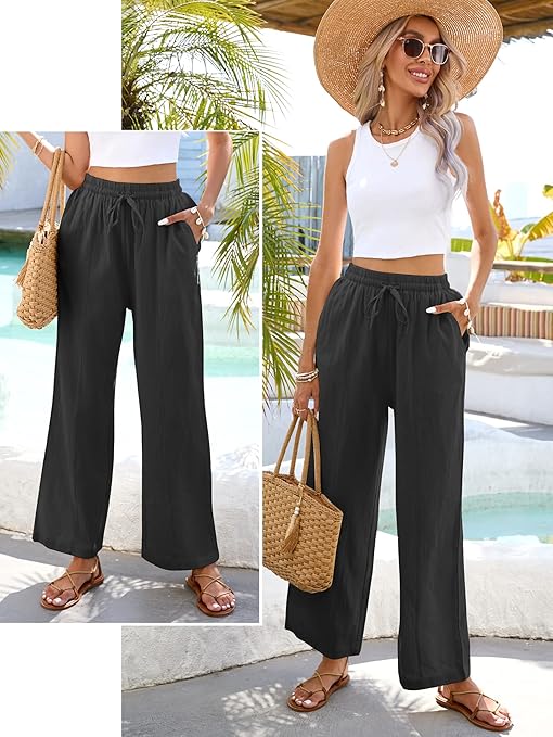 Famulily Women's Summer Loose Trousers Wide Leg Cotton Linen Pants Drawstring Elasticated Waist Trousers with Pockets Black XL