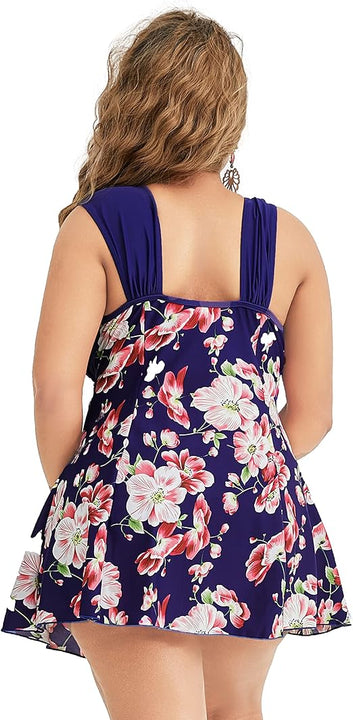 Wantdo Women's One-Piece Swim Dresses Plus Size Skirtini Tummy Control Swimsuits Summer Swimming Costume with Skirt A20(Sapphire Floral) 16-18
