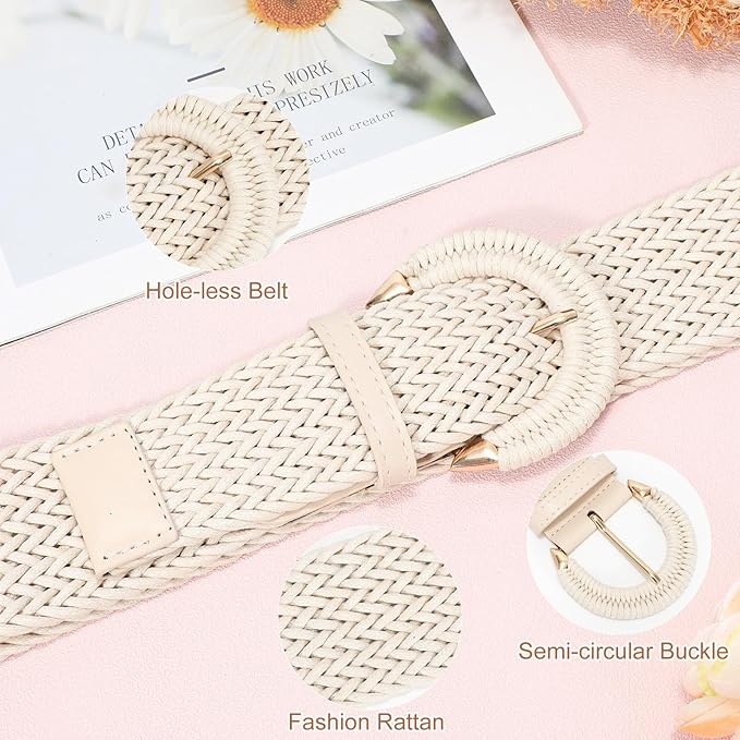 JASGOOD Women Braided Rattan Wide Belt Woven Waist Belt With Half-Circle Buckle for Summer Dress Jeans Pants Beige S:Fit Waist Size 120cm
