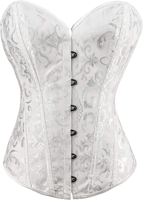 RHISLEO Women Classic Lace-up Floral Burlesque Basque Bustier Shaper Overbust Boned Corset Top (White Floral Top, M
