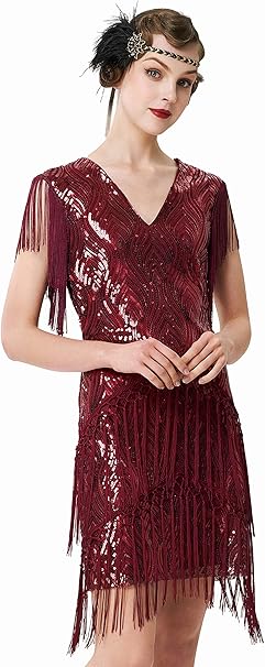 BABEYOND 1920s Flapper Dress Fringed Sequin Dress Roaring 20s Fancy Dress Gatsby Costume Dress V Neck Vintage Beaded Evening Dress WineRed, L