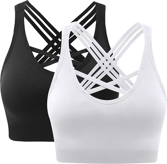 ANGOOL Padded Sports Bra Wirefree Mid Impact Yoga Bras Unique Cross Back Strappy for Gym Yoga, Black/White, M