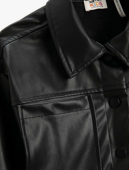 Koton Girls' Crop Faux Leather Jacket Pocket and Button Detail, Black (999), 11-12 Years