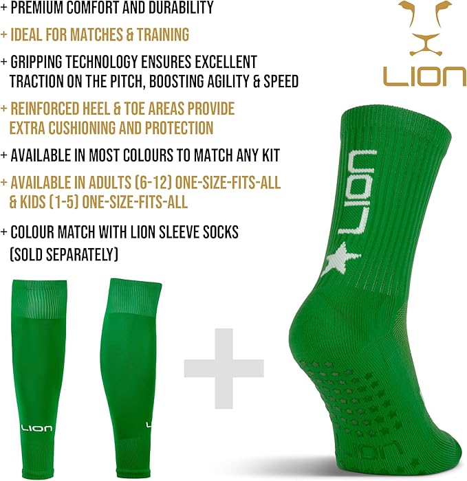 LION SPORTSWEAR Football Grip Socks For Men/Women/Kids - Variety Of Colours To Match Your Team Kit & Sleeve Socks (Green, 6-12)