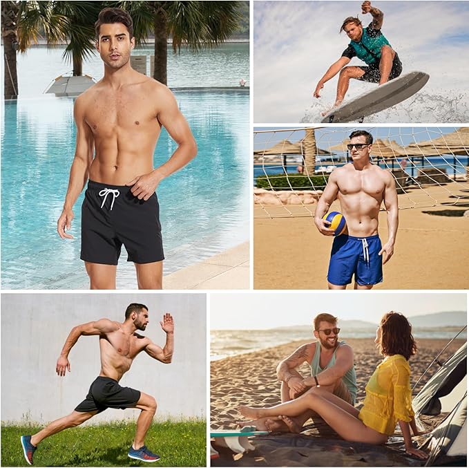 Arcweg Men's Swim Trunks Mens Swimming Shorts with Compression Liner Quick Dry Stretchy 2 in 1 Board Shorts with Zipper Pockets Khaki L(UK)