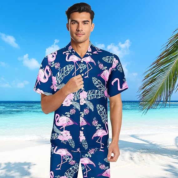 Blisscok Hawaii Men's Shirt with Hawaiian Shirt Flamingo Floral Wrinkle Free for Beach Party Pack of 2 Shorts and Shirt
