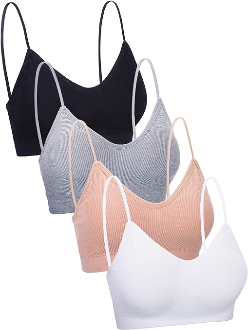 Blulu 4 Pieces V Neck Cami Bra Padded Seamless Bralette Straps Sleeping Bra for Women Girls, Black, White, Grey, Skin Color, XXL