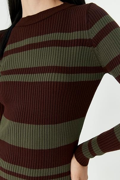 Trendyol Women's Woman Fitted Bodycon Crew Neck Knitwear Dress, Brown, S