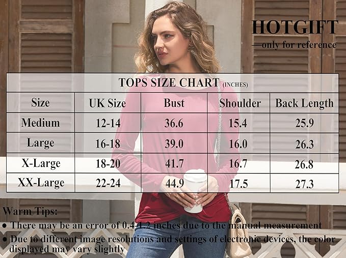 HOTGIFT Womens Christmas Tunics Top Casual Long Sleeve T-Shirts Sweaters Blouse Crewneck Red Large