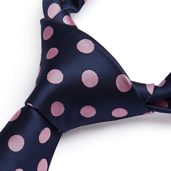 HISDERN Extra Long Polka Dots Tie Handkerchief Men's Necktie & Pocket Square Set , XL, 63 inches length, Pink / Navy Blue