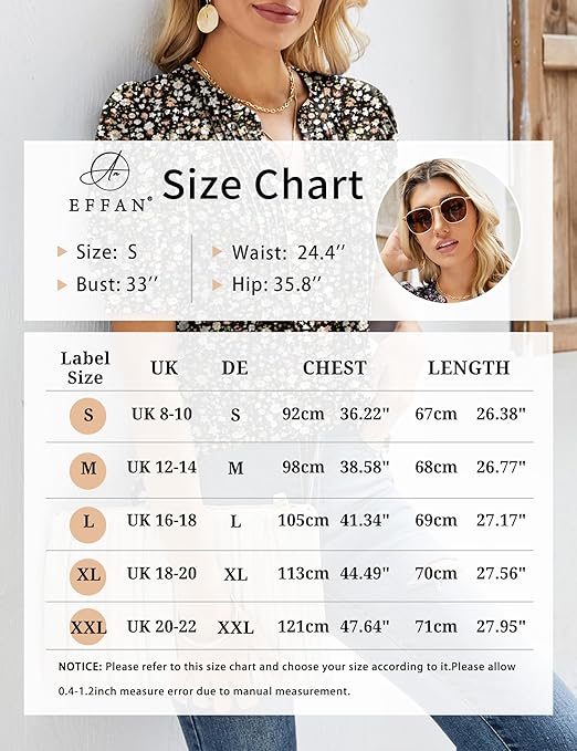 EFFAN Ladies Summer Tops Womens Casual T Shirts V Neck Elegant Floaty Floral Printed Tunic Blouse Floral Black L (UK 16-18)