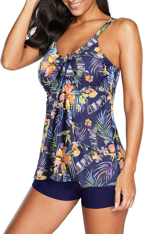 Durio Tankini Women's Tummy Control Swimwear Two Piece Swimsuit with Hot Pants, Blue and Purple, 18