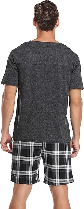 Vlazom Men's Pyjamas Set Short Sleeve Soft Pj's Top and Plaid Shorts for Sleepwear Loungewear with Pockets Dark Grey, L