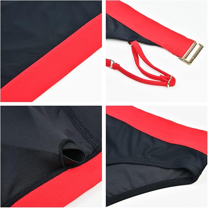 iSLASISIA Women’s Bikini Swimsuit Criss Cross Back Triangle Bikini Tie Back Bikini Set Two Piece Swimsuits(Black & Red,UK16)