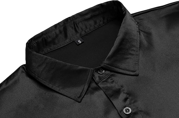 URRU Men's Luxury Shiny Silk Like Satin Dress Shirt Long Sleeve Casual Slim Fit Muscle Button Up Shirts Black L