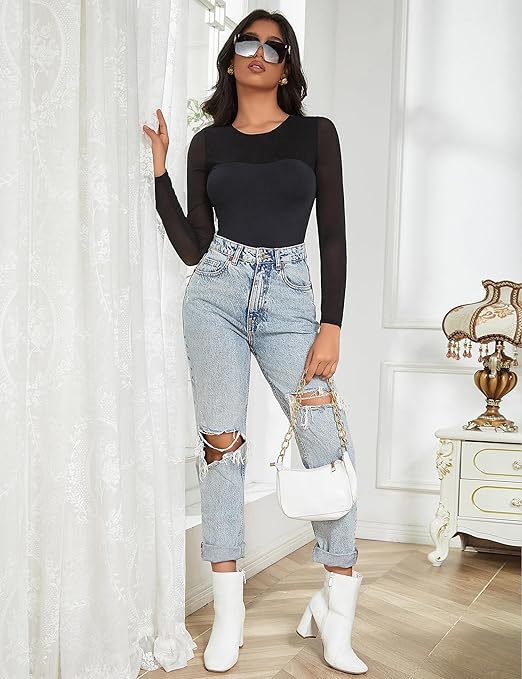 ohmydear Women's Bodysuits Long Sleeve Lace Mesh Black Bodysuit for Women Plus Size Crew Neck Leotard Top Stretch Sexy Ladies Body Suits, Black, 2XL