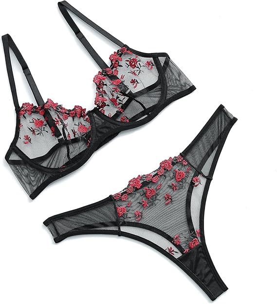 ROSVAJFY Women's Sexy Lingerie Set with Floral Embroidery, Mesh Push Up Underwear Set 2 Pieces, Underwire Bra and Panties Set Elegent Lingerie with Adjustable Spaghetti Straps (Black, L)