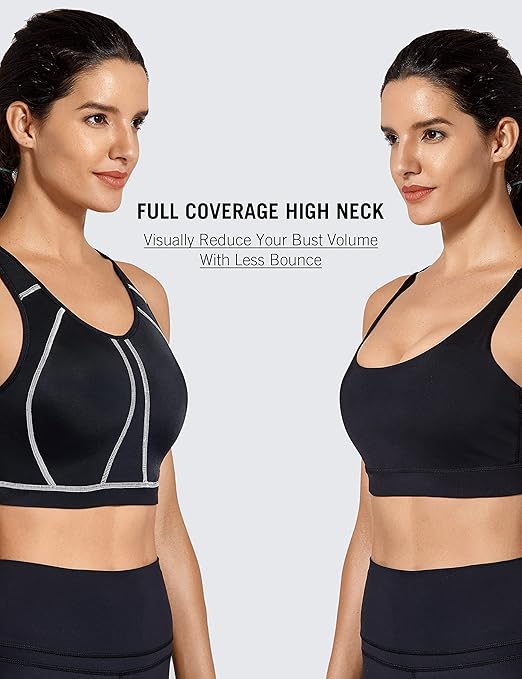 SYROKAN Women's Sports Bra for Large Breasts High Impact Full Coverage Padded Wireless Running Halter Neck Bra Black, 34G