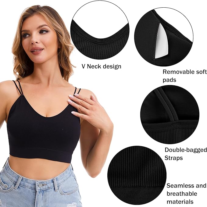 BQTQ Pack of 5 Bralettes, V-Neck, Cami Top Bra, Women’s Bralette, Sleeping Bra for Women, Girls, black, XXL