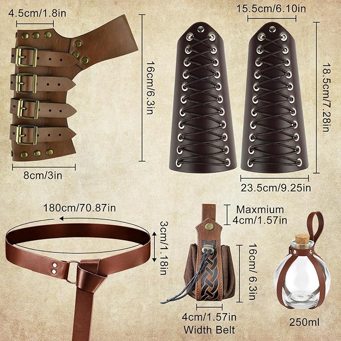 PLULON 9 Pcs Mens Renaissance Faire Costume V-neck Shirts Pants Medieval Knight Costume with Renaissance Accessories for Dress Up Halloween, XL, Beige