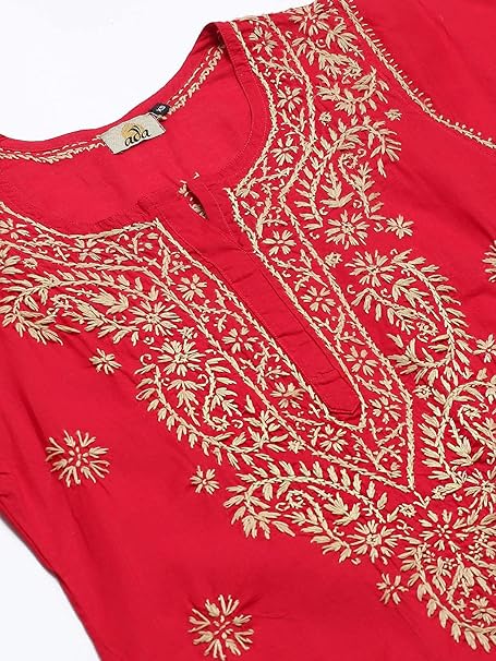 Ada Indian Hand Embroidered Ethnic Chikankari Women's Cotton Top Tunic Shirt Blouse A250381, red, XL