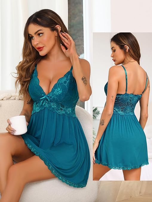 Vlazom Women Nighties, Elegant Lingerie for Ladies Nightdress Lace Chemise Slip Dress V Neck Babydoll Sleepwear Cobalt Blue,XXL