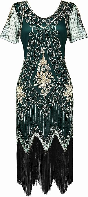 BABEYOND 1920s Flapper Fringed Sequin Dress Roaring 20s Fancy Dress Gatsby Costume Dress V Neck Vintage Beaded Evening Dress (DarkGreen, S)