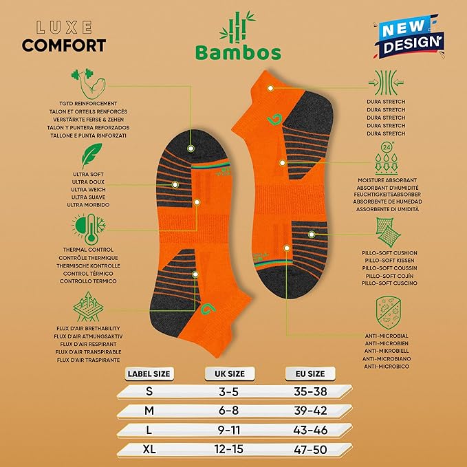 BAMBOS Eco Touch Men's Athletic Ankle Socks for Running & Gym, Pack of 6 (Size UK 9-11, Multicoloured)