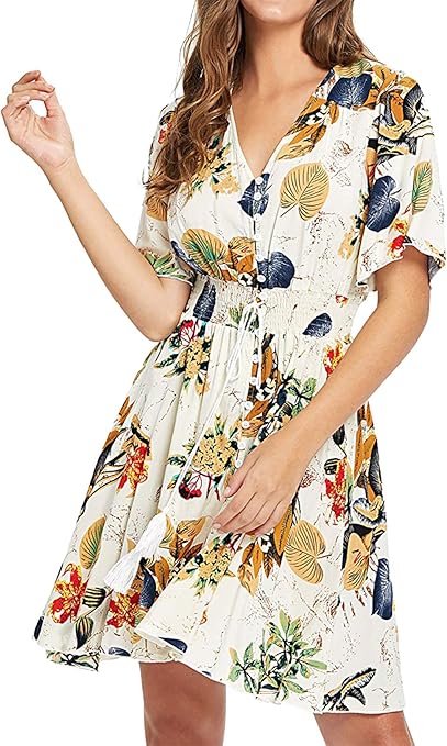 SEMIR Women's Boho Button Up Split Floral Print Flowy Party Dress Beige XL