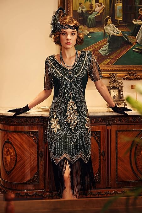 BABEYOND 1920s Flapper Fringed Sequin Dress Roaring 20s Fancy Dress Gatsby Costume Dress V Neck Vintage Beaded Evening Dress (DarkGreen, S)