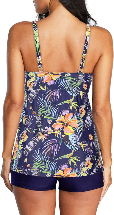 Durio Tankini Women's Tummy Control Swimwear Two Piece Swimsuit with Hot Pants, Blue and Purple, 18