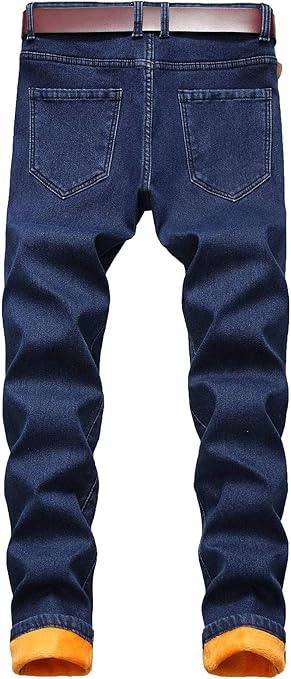 Men's Fleece Lined Jeans Denim Trousers Winter Warm Thick Pants with Pockets 34 Dark Blue