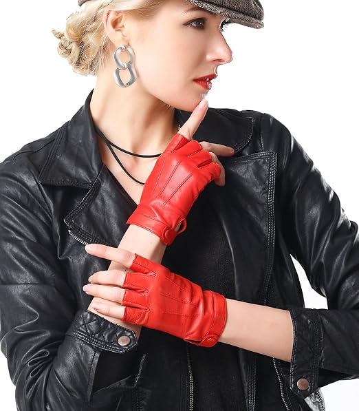 NappaNovum Women's Half Finger Leather With Silk Lining Performance Cycling Driving Gloves (S, Bright Red)