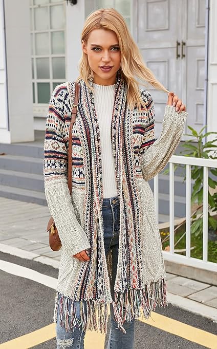 CGYY Women's Long Sleeve Open Front Cardigan Sweaters Boho Tassel Cardigan Aztec Tribal Stripe Fringe Cardigan