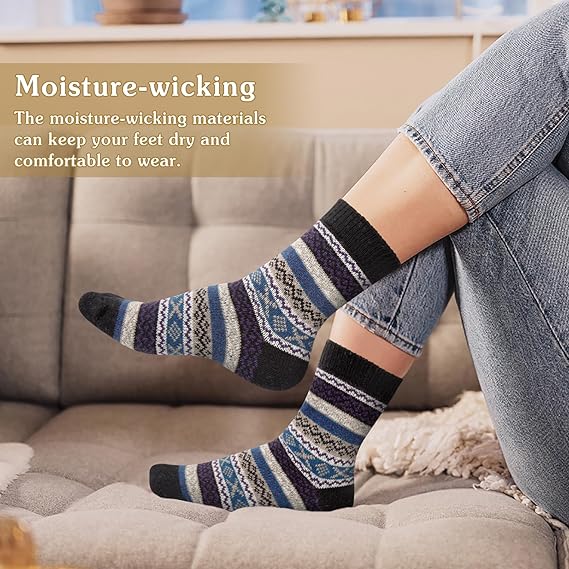 YSense Beau 5pairs Women Merino Wool Socks Thermal Chunky Winter Hiking Breathable Cushioned Cotton Socks Ladies' Cosy Warm Wool Crew Socks Gift Vintage Style