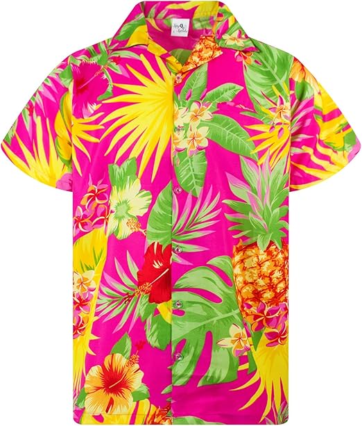 King Kameha Men's Pineapple-Designs Summer-Party-Shirts Short-Sleeve, Pineapple, Pink, S