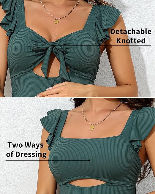 Charmo Ruffle Sleeve Pregnancy Bathing Suit for Women Cut Out Tie Knot Maternity Swimwear Blue Gray L