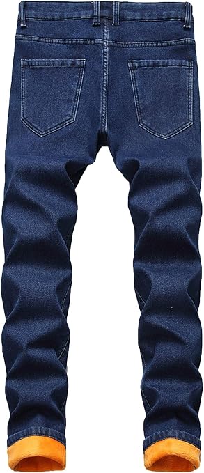 Men's Fleece Lined Jeans Denim Trousers Winter Warm Thick Pants with Pockets 34 Dark Blue